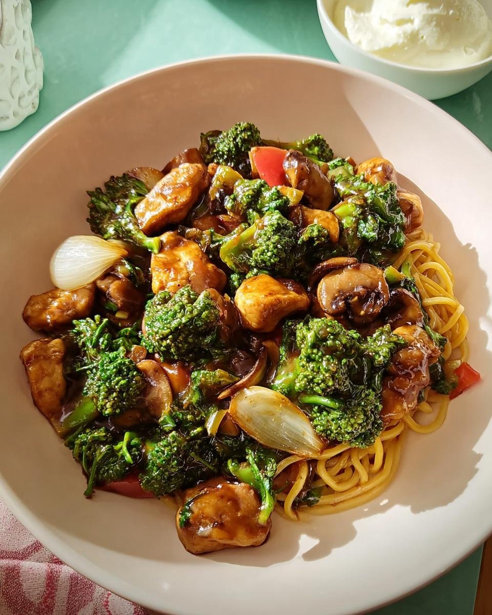 A bowl of stir-fried chicken, broccoli, mushrooms, and onions served over noodles, fitting for Healthy Comfort Food Recipes.