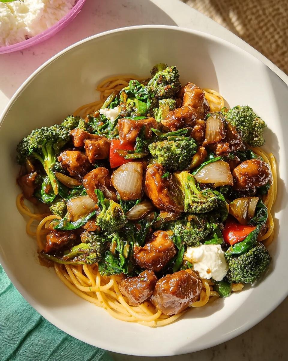 Bowl of high-protein chicken and vegetable stir-fry over pasta, an example of Healthy Comfort Food Recipes.