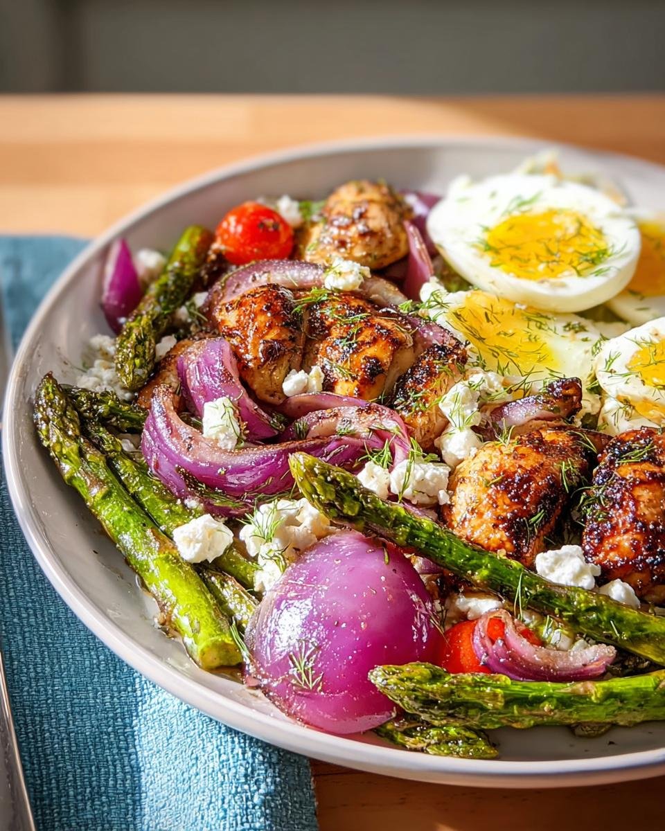 A vibrant bowl featuring seared chicken, roasted asparagus, red onion, feta, and halved hard-boiled eggs, perfect for High-Protein Healthy Dinners for Energy.