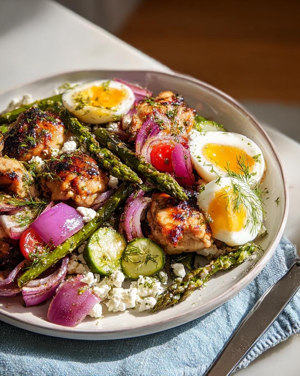 A bowl featuring grilled chicken, soft-boiled eggs, asparagus, and red onion, perfect for High-Protein Healthy Dinners for Energy.