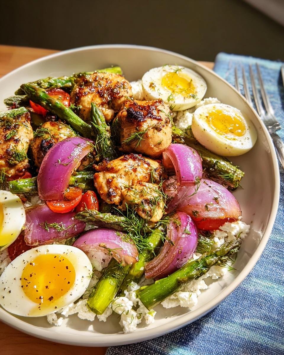 A vibrant bowl featuring chicken pieces, roasted asparagus, red onion, and soft-boiled eggs, perfect for High-Protein Healthy Dinners for Energy.
