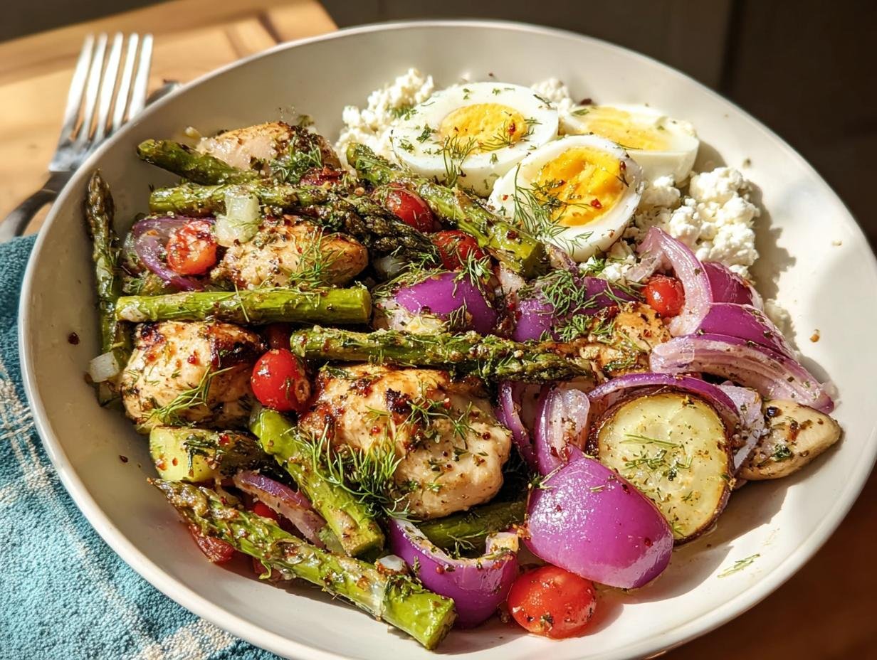 A vibrant bowl featuring chicken, roasted asparagus, red onion, tomatoes, cottage cheese, and hard-boiled eggs, perfect for High-Protein Healthy Dinners for Energy.
