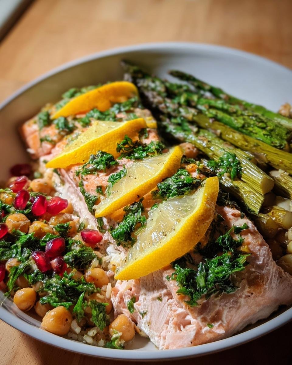 A delicious bowl featuring baked salmon topped with lemon slices, served with asparagus, chickpeas, and pomegranate seeds—a perfect example of Easy High-Protein Meals.