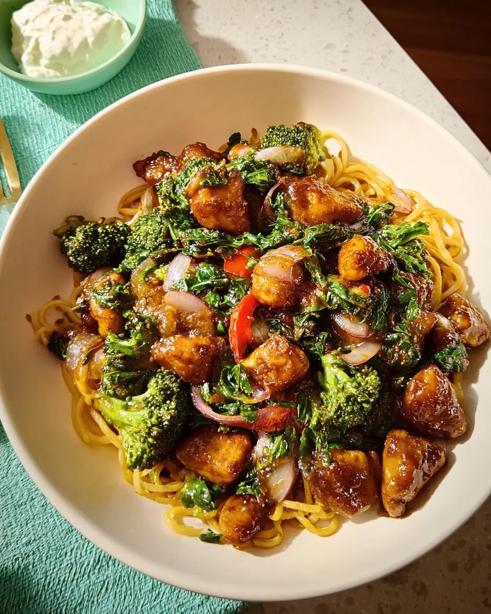 Bowl of glazed tofu, broccoli, and red onion served over noodles, fitting for Healthy Comfort Food Recipes.