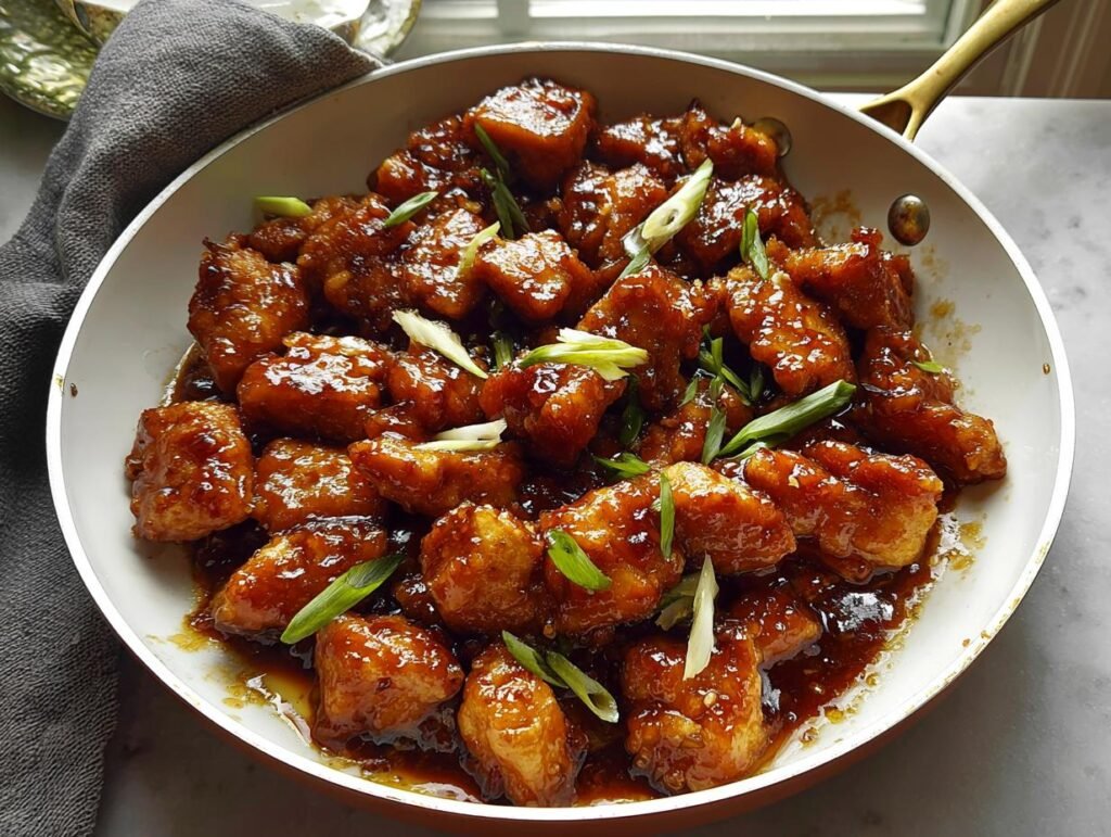 Close-up of glistening Honey Garlic Chicken Bites coated in sauce and garnished with green onions in a white skillet.