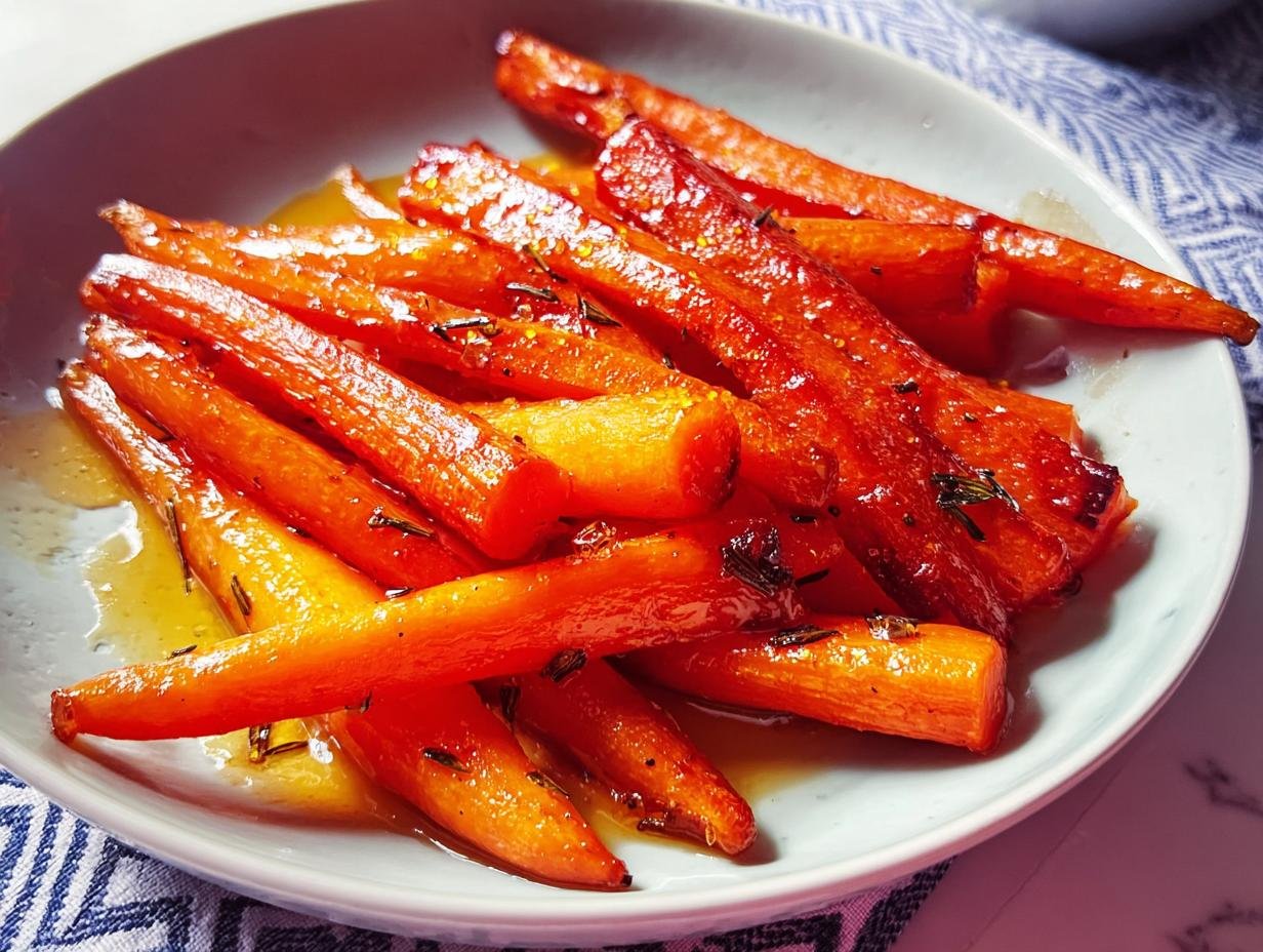A close-up of honey glazed carrots with herbs, a perfect side dish for prime rib.