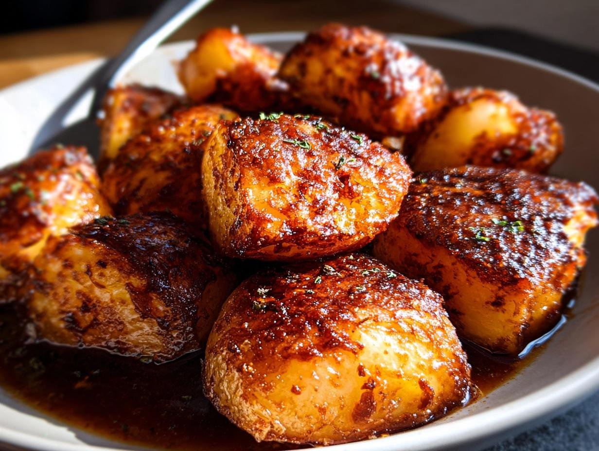 Close-up of sticky, glazed potatoes soaking in dark sauce, a side dish for Dorm-Friendly salmon recipes.