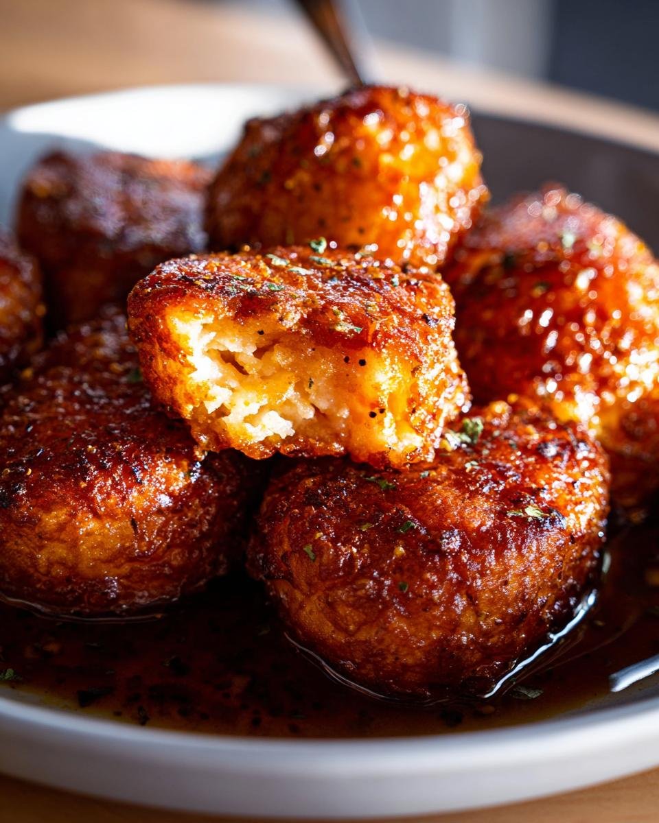 Close-up of crispy, glazed Hot Honey Salmon bites, one cut open showing the flaky interior.
