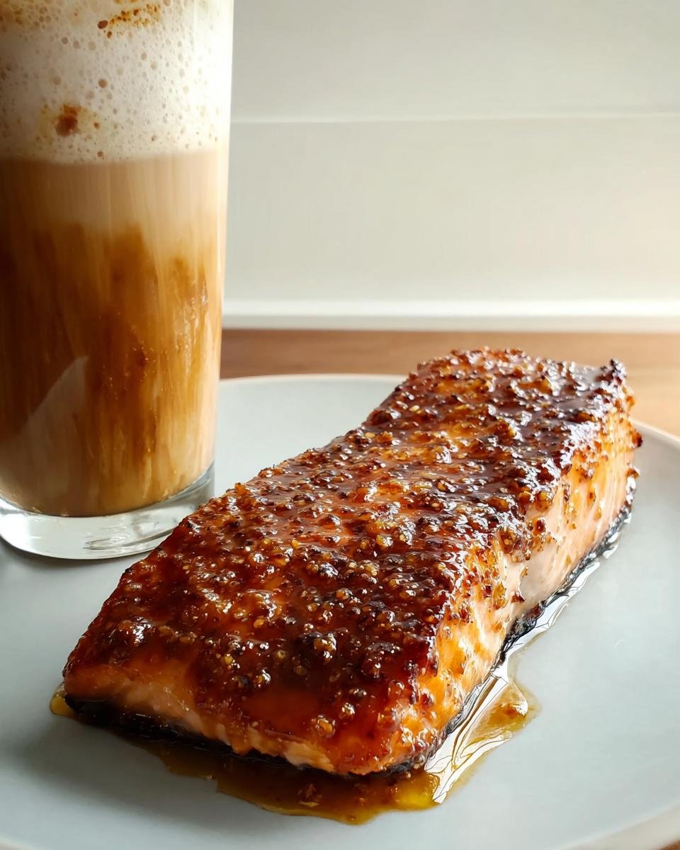 A tall glass of iced coffee with foam sits next to a piece of honey-mustard glazed salmon on a plate, illustrating a budget meal idea.