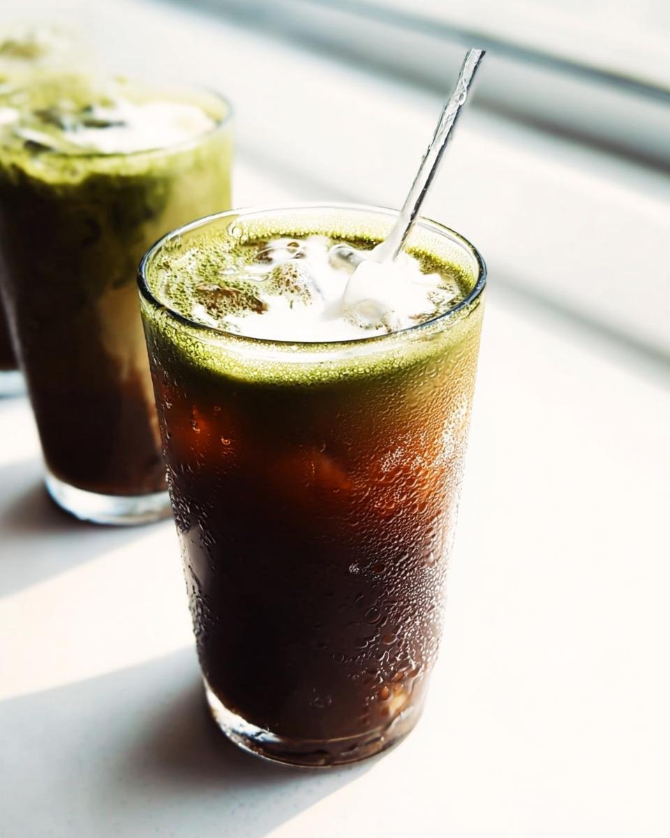 Close-up of a cold iced drink with dark liquid topped by green matcha foam, suggesting a Matcha Vanilla Bean Powder Smoothie.