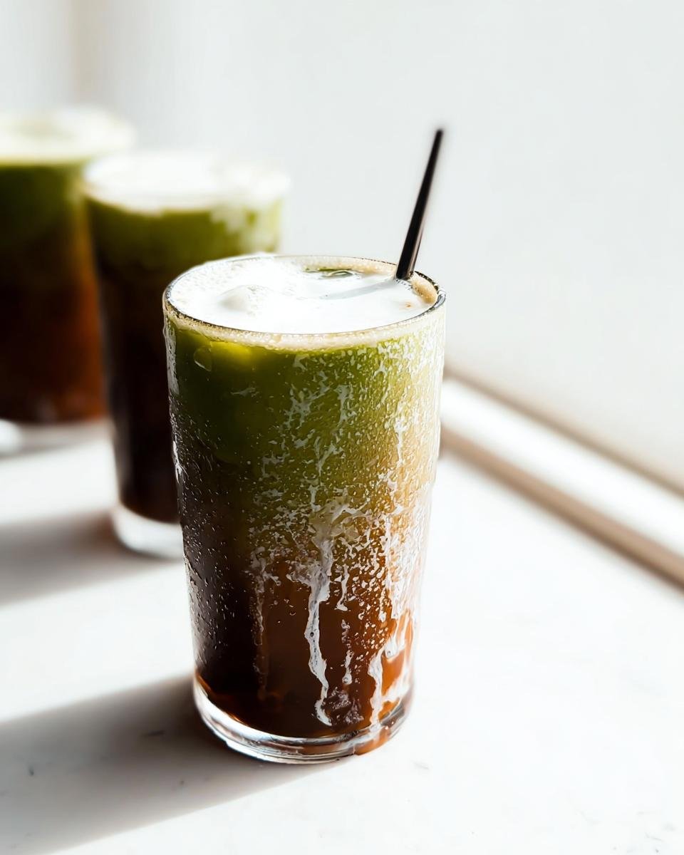 Close-up of an iced Matcha Vanilla Bean Powder Smoothie showing distinct green and brown layers with condensation.