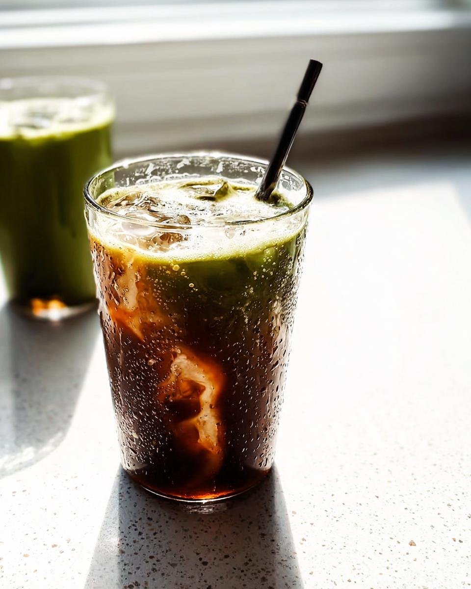 Close-up of a cold, layered drink featuring dark liquid mixing with green Matcha Vanilla Bean Powder Smoothie mix over ice.