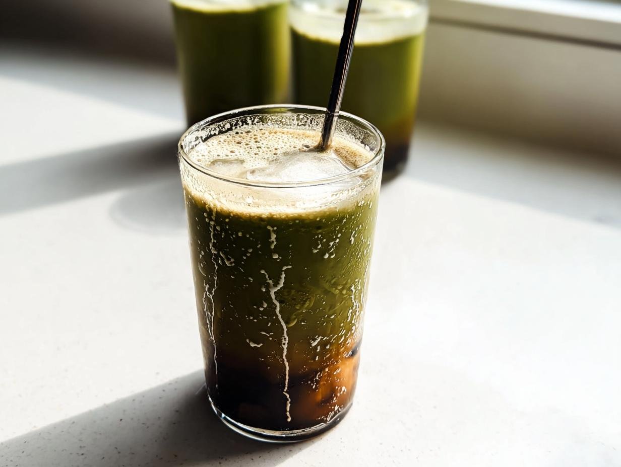 Close-up of an iced Matcha Vanilla Bean Powder Smoothie layering green matcha over a darker base, with condensation on the glass.