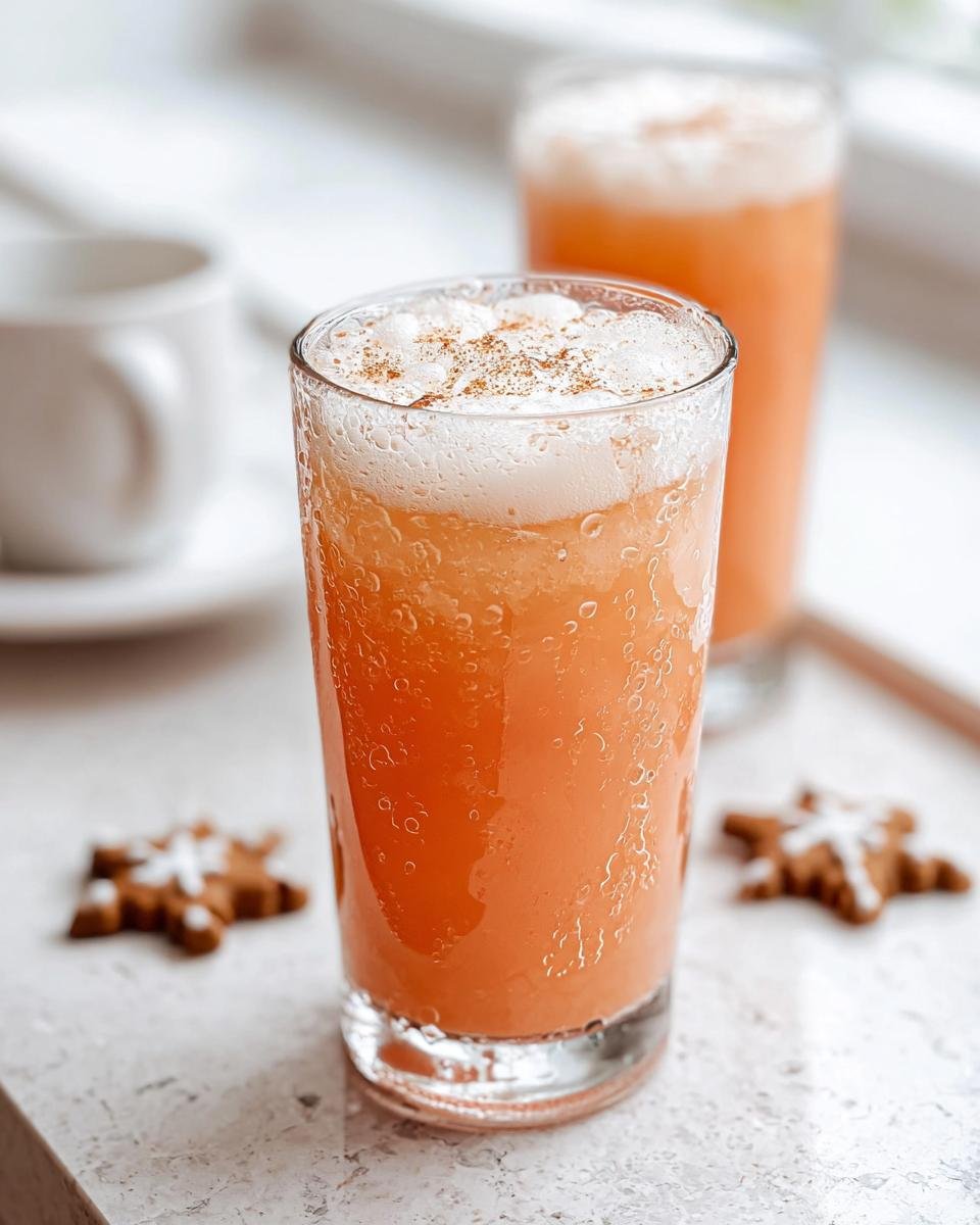 Close-up of a tall, iced Starbucks Christmas Gingerbread Latte topped with foam and spice.