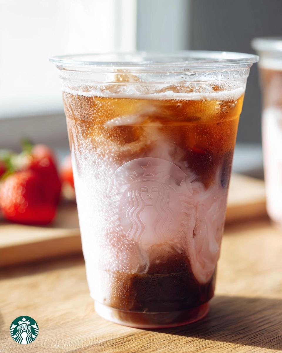 Close-up of a cold Starbucks drink with dark liquid, ice, and pink/white cream swirling near the logo.