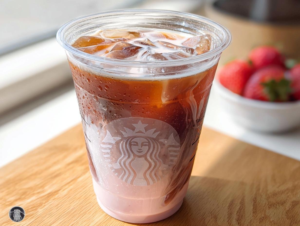 Iced Starbucks drink with layered pink liquid and dark coffee, condensation on the cup, near strawberries.