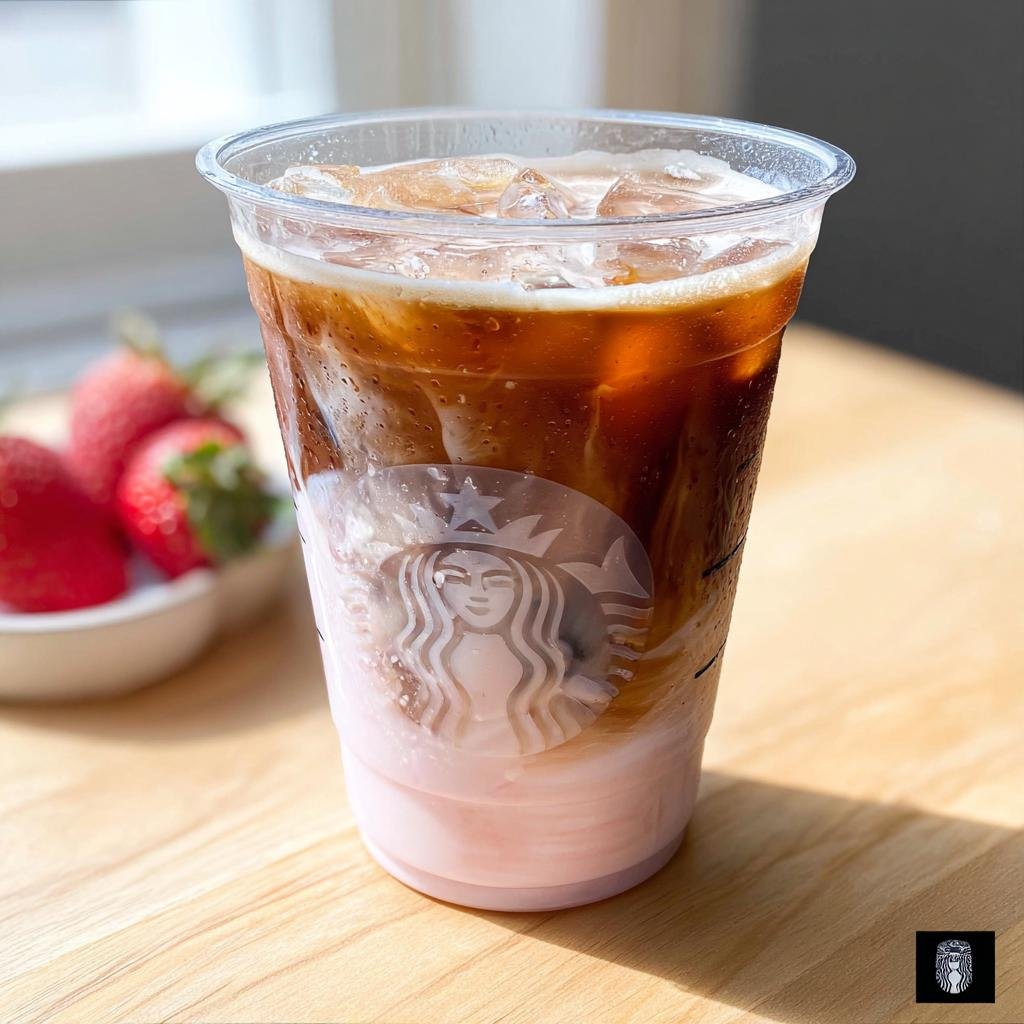Close-up of an iced Starbucks drink order featuring dark espresso layered over a pink liquid base, with strawberries blurred in the background.