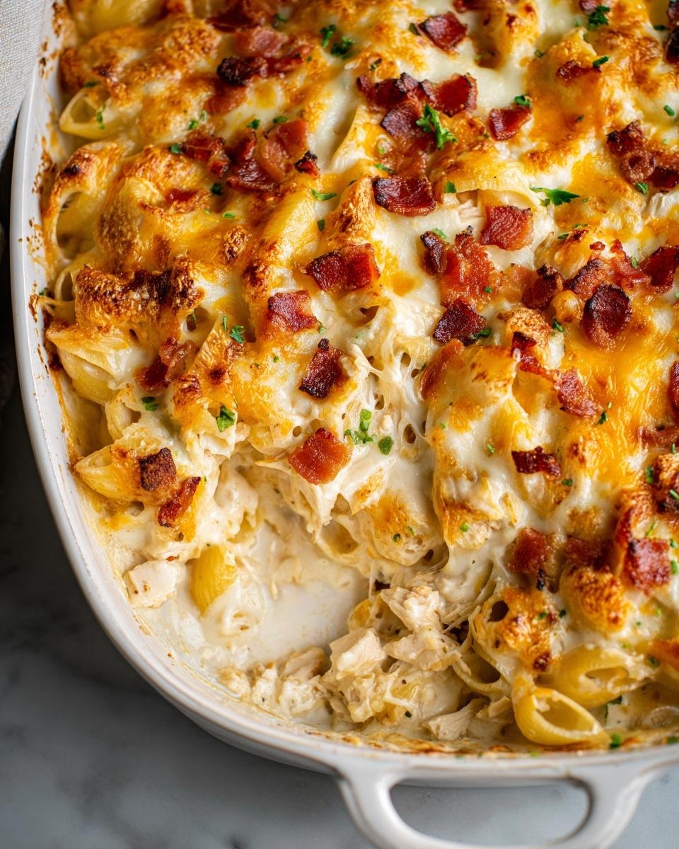 Close-up of a scoop taken from the Irresistible Crack Chicken Casserole, showing creamy sauce, pasta, and bacon topping.