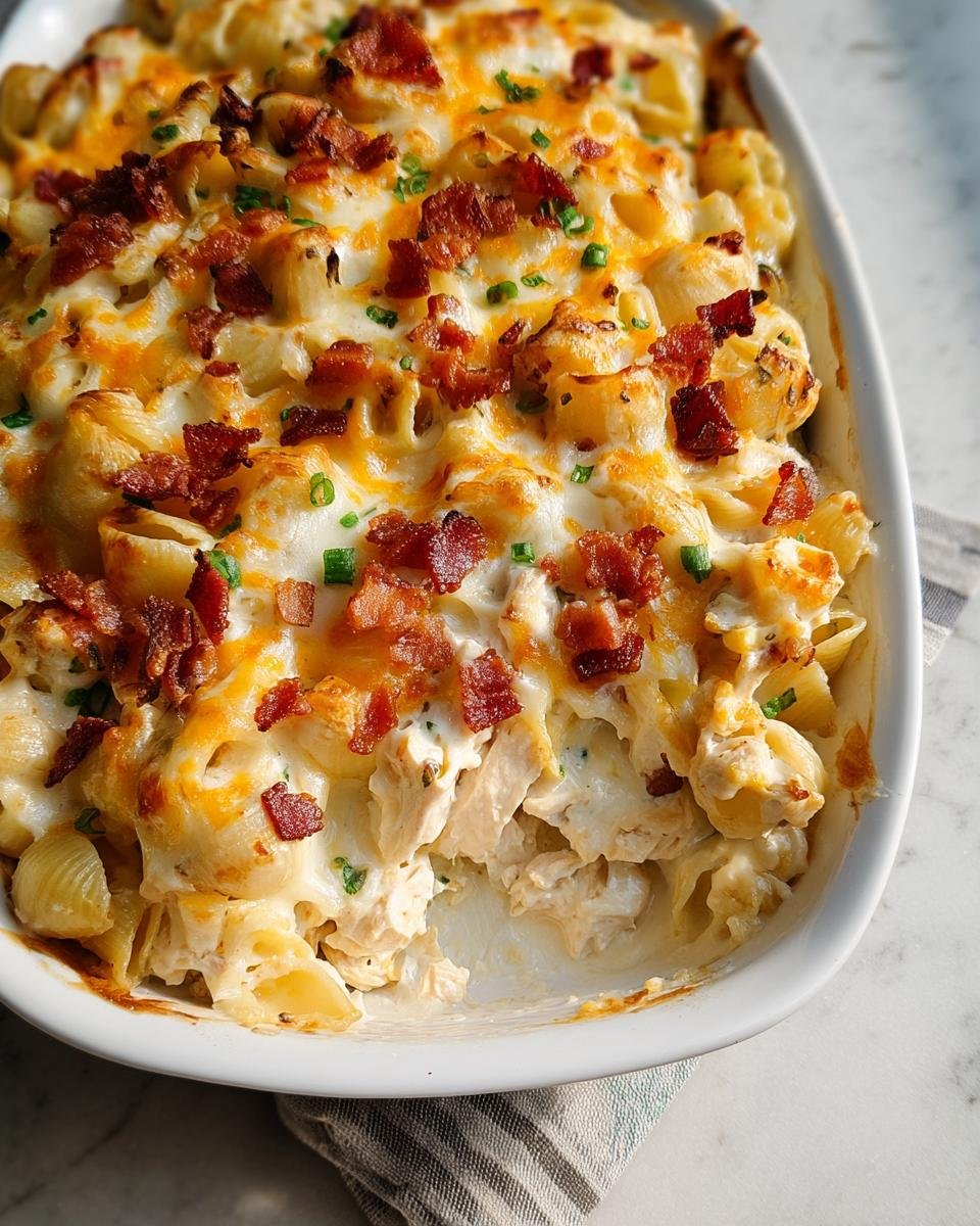 Close-up of a creamy Irresistible Crack Chicken Casserole topped with melted cheese and bacon bits.