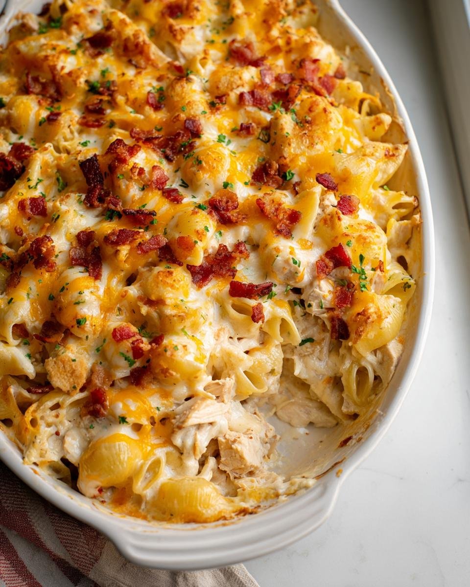 A close-up of Irresistible Crack Chicken Casserole with pasta, creamy sauce, melted cheddar, and bacon bits.