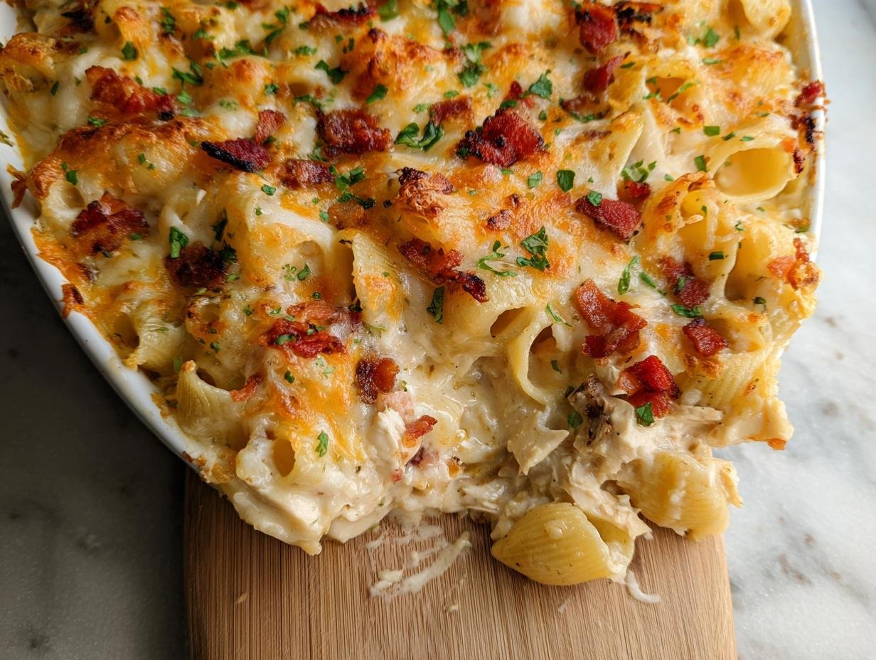 A close-up of the Irresistible Crack Chicken Casserole featuring pasta, creamy sauce, melted cheese, and bacon bits.