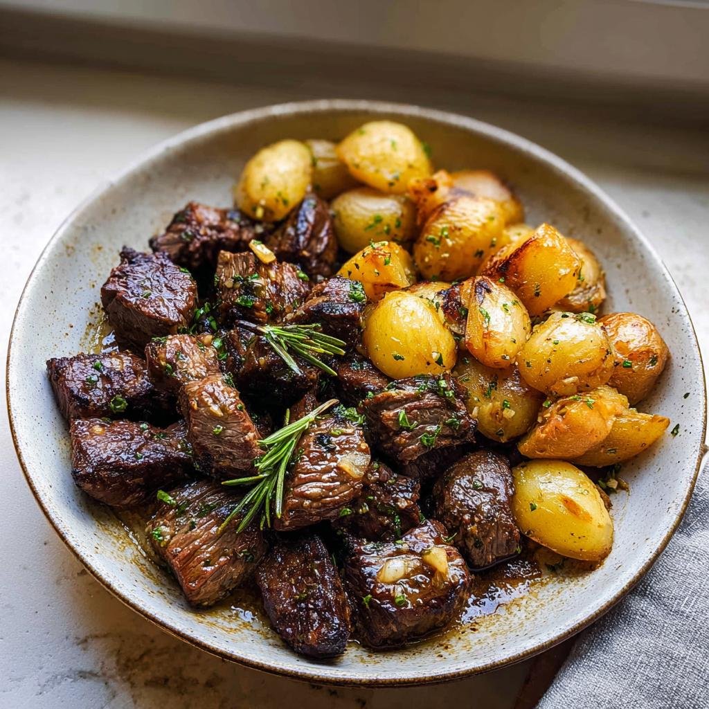 A bowl filled with Irresistible Garlic Butter Steak Bites and roasted small potatoes, garnished with rosemary.