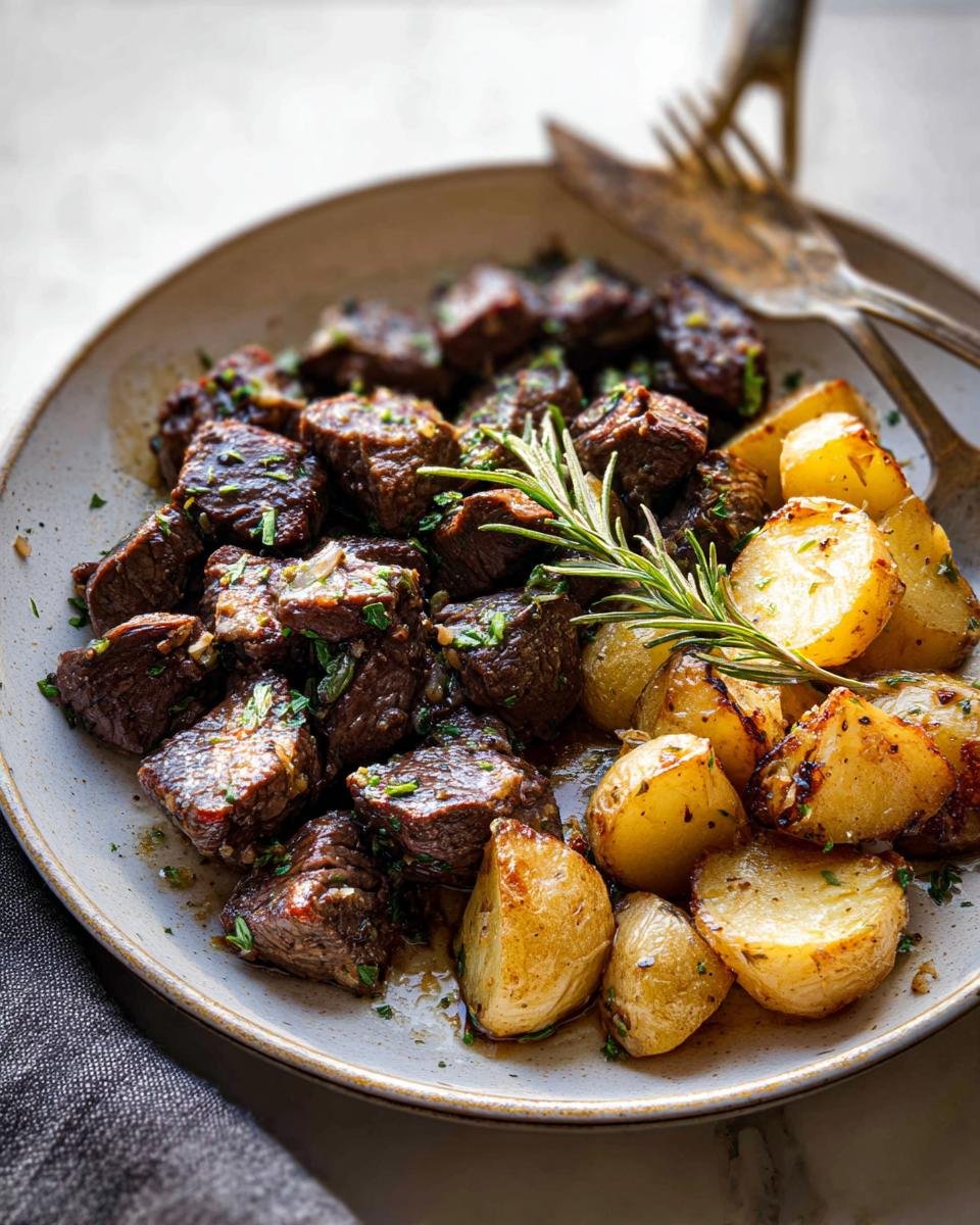 A plate of Irresistible Garlic Butter Steak Bites served alongside golden roasted potatoes, garnished with rosemary.