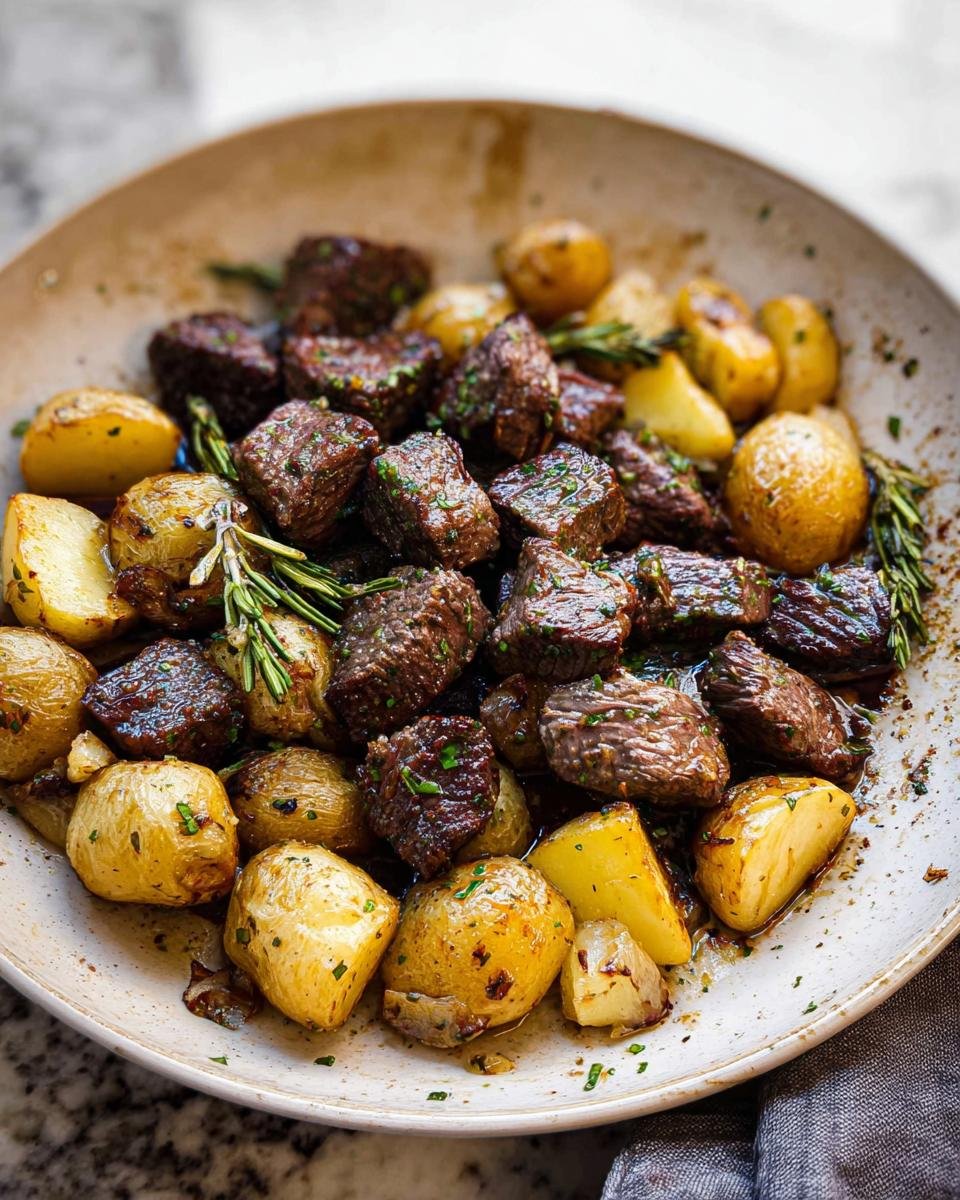 Close-up of Irresistible Garlic Butter Steak Bites mixed with roasted baby potatoes and fresh rosemary.