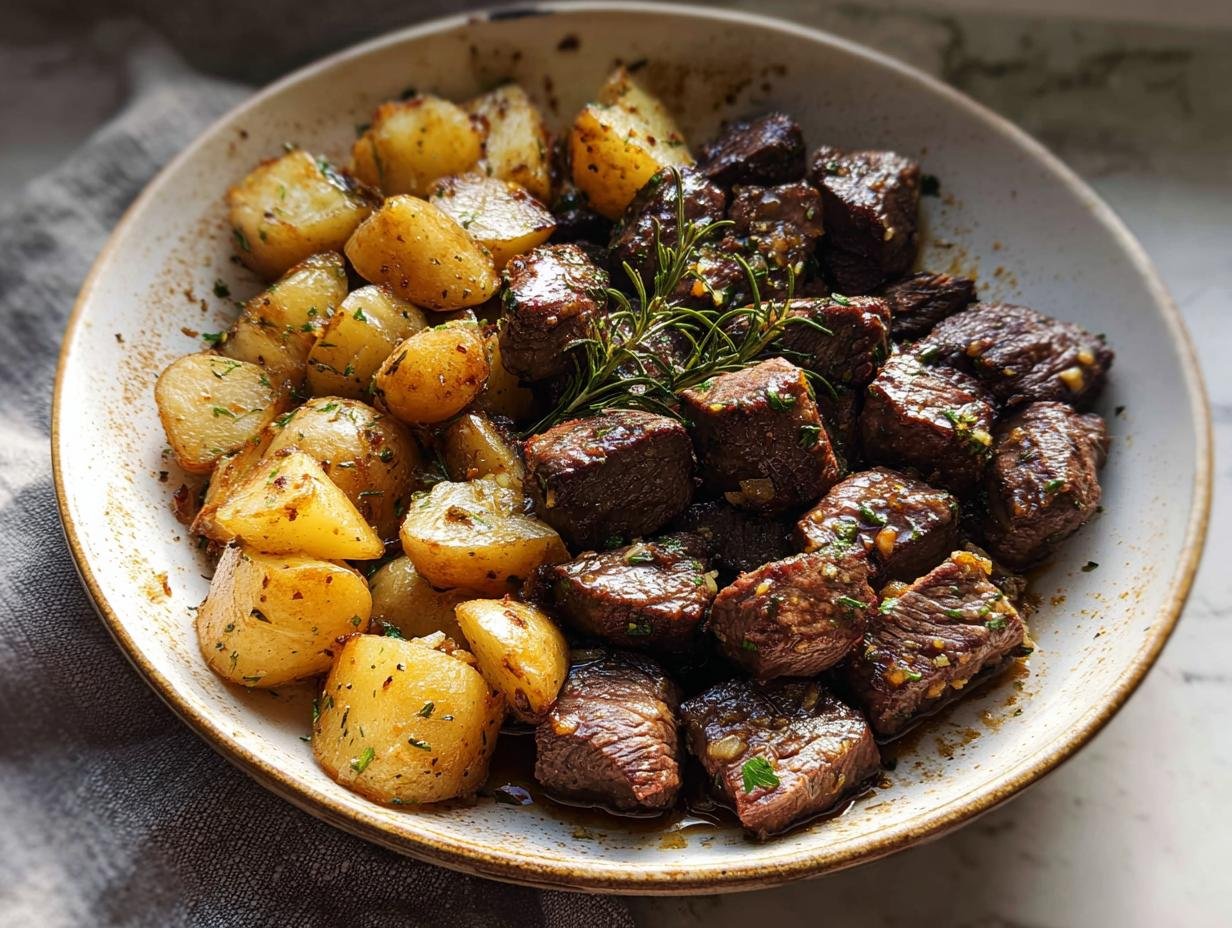 A bowl filled with Irresistible Garlic Butter Steak Bites and roasted potatoes, garnished with rosemary.