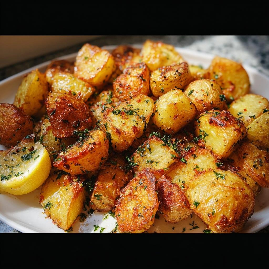 A plate piled high with golden brown, irresistibly crispy roast potatoes garnished with parsley and a lemon wedge.