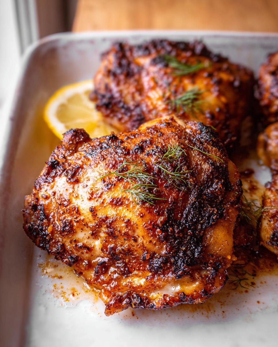 Close-up of a perfectly cooked, juicy chicken thigh with crispy, dark seasoning and a sprig of dill.