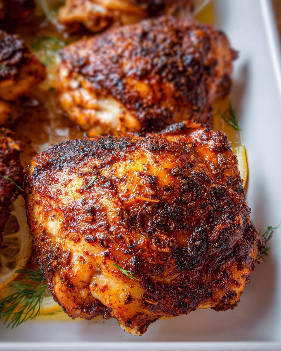 Close-up of perfectly cooked, juicy chicken thigh recipes with a dark, crispy, seasoned skin resting on lemon slices.