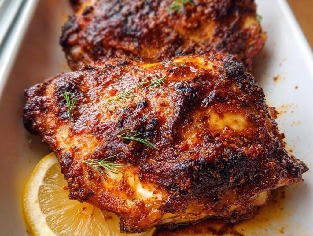 Close-up of perfectly cooked, juicy chicken thigh recipes with a dark, crispy, seasoned skin, garnished with dill and lemon.