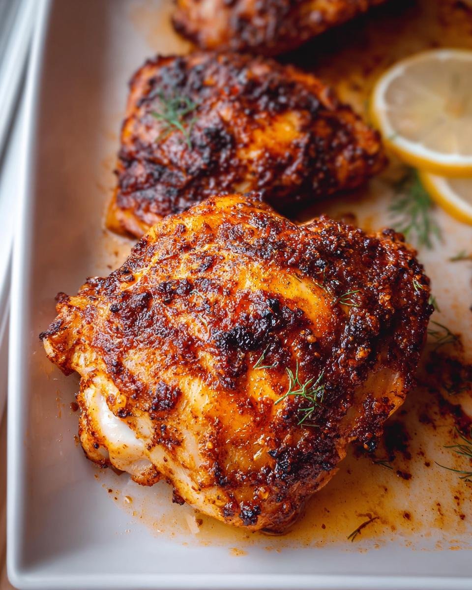 Close-up of perfectly cooked, juicy chicken thigh recipes with a dark, seasoned, crispy crust.