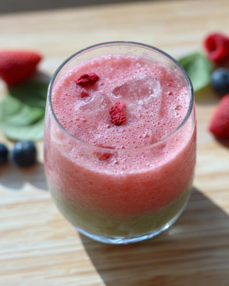 Close-up of a layered pink and green blended drink, resembling a Starbucks drink, topped with ice and dried berries.