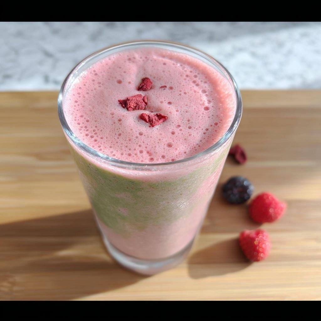 Close-up of a layered pink and green smoothie, a Perfect Every Time Starbucks Drink, topped with freeze-dried berries.