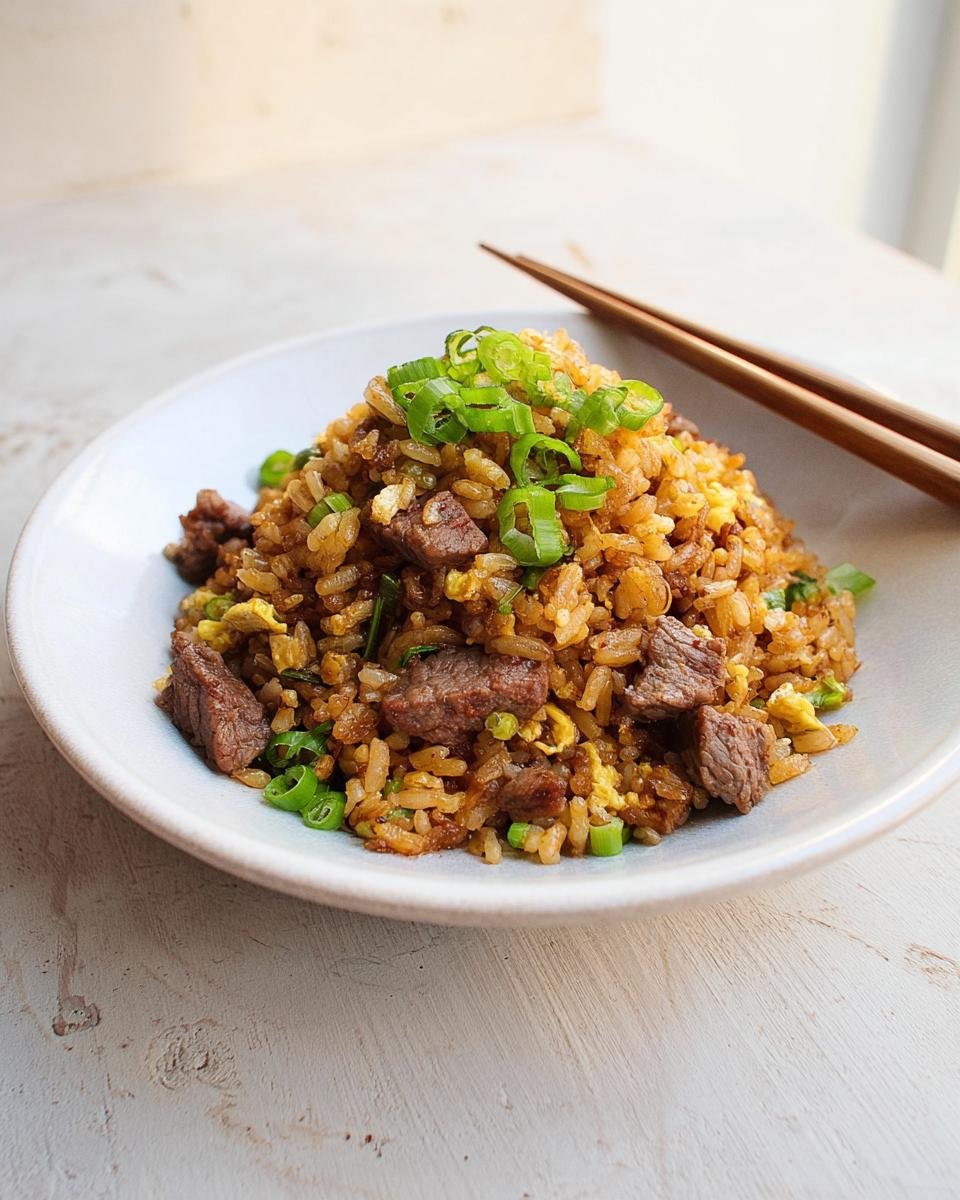 A mound of savory fried rice mixed with chunks of leftover prime rib and topped with green onions, served with chopsticks.