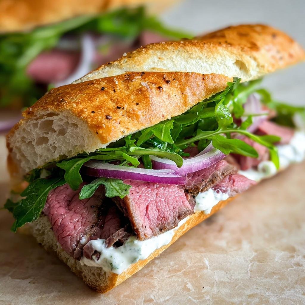 Close-up of a delicious leftover prime rib sandwich featuring medium-rare slices, arugula, red onion, and creamy sauce on a baguette.