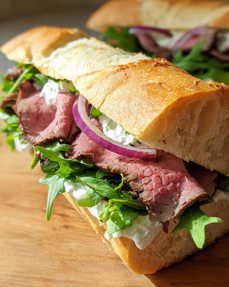 Close-up of a sandwich made with thinly sliced leftover prime rib, arugula, red onion, and white sauce on a baguette.