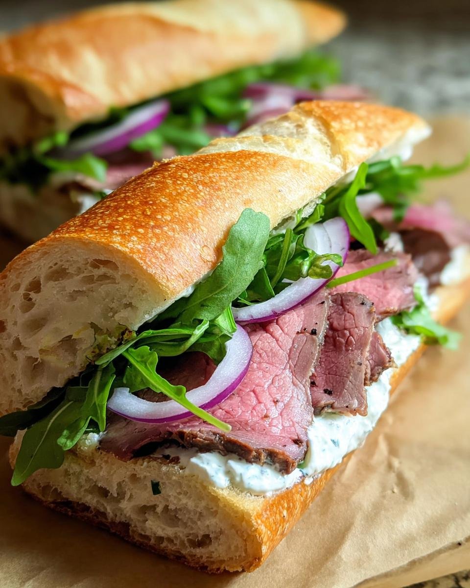 Close-up of a Creative Leftover Prime Rib Sandwich featuring sliced rare roast beef, creamy spread, red onion, and arugula on a baguette.