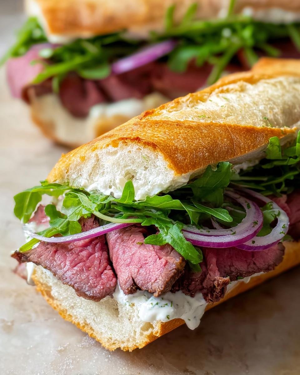 Close-up of a delicious leftover prime rib sandwich on a baguette with arugula, red onion, and creamy sauce.
