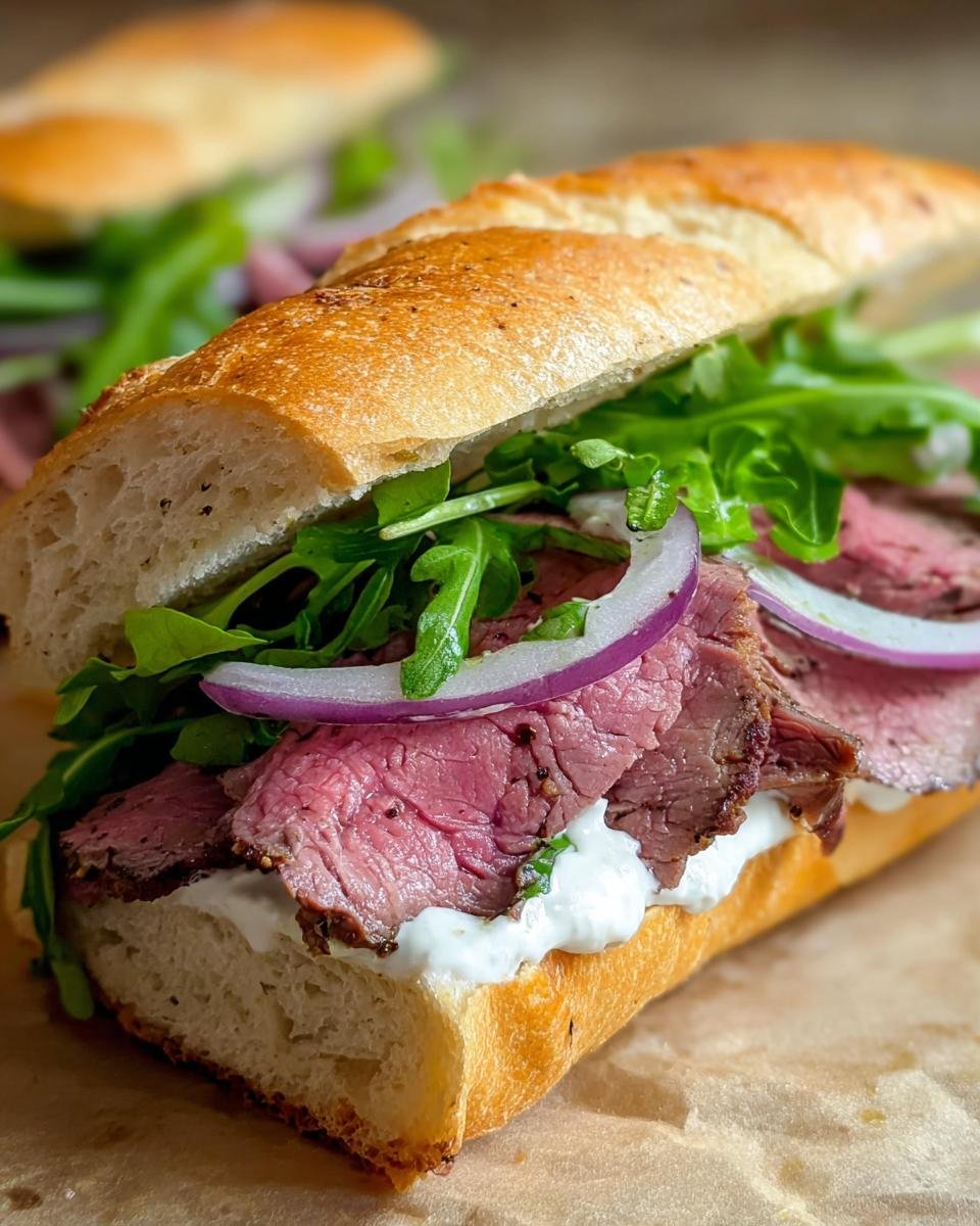Close-up of a sandwich made with leftover prime rib, arugula, red onion, and white sauce on a baguette.