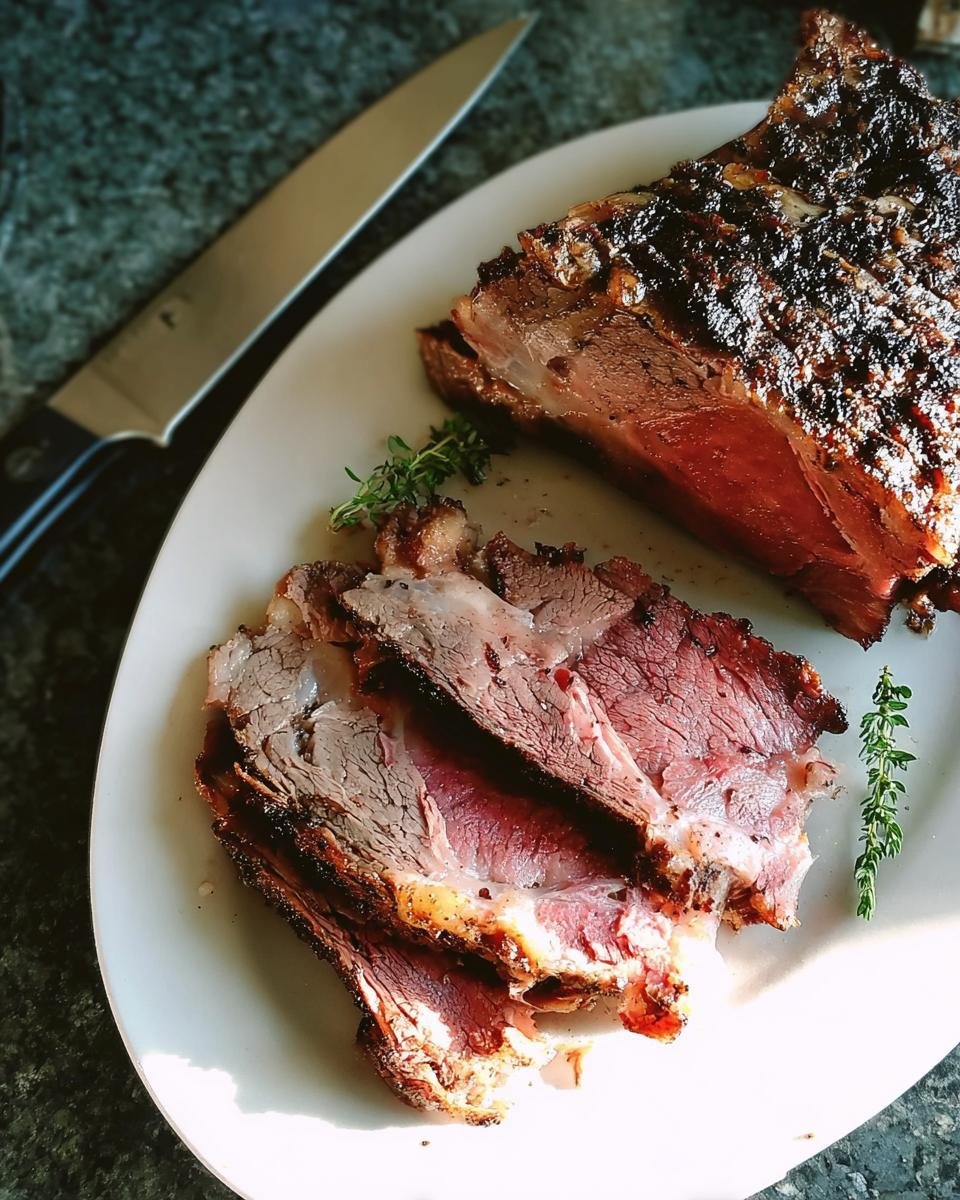 A white platter holding a roasted prime rib roast, partially sliced to show medium-rare interior, next to a carving board.