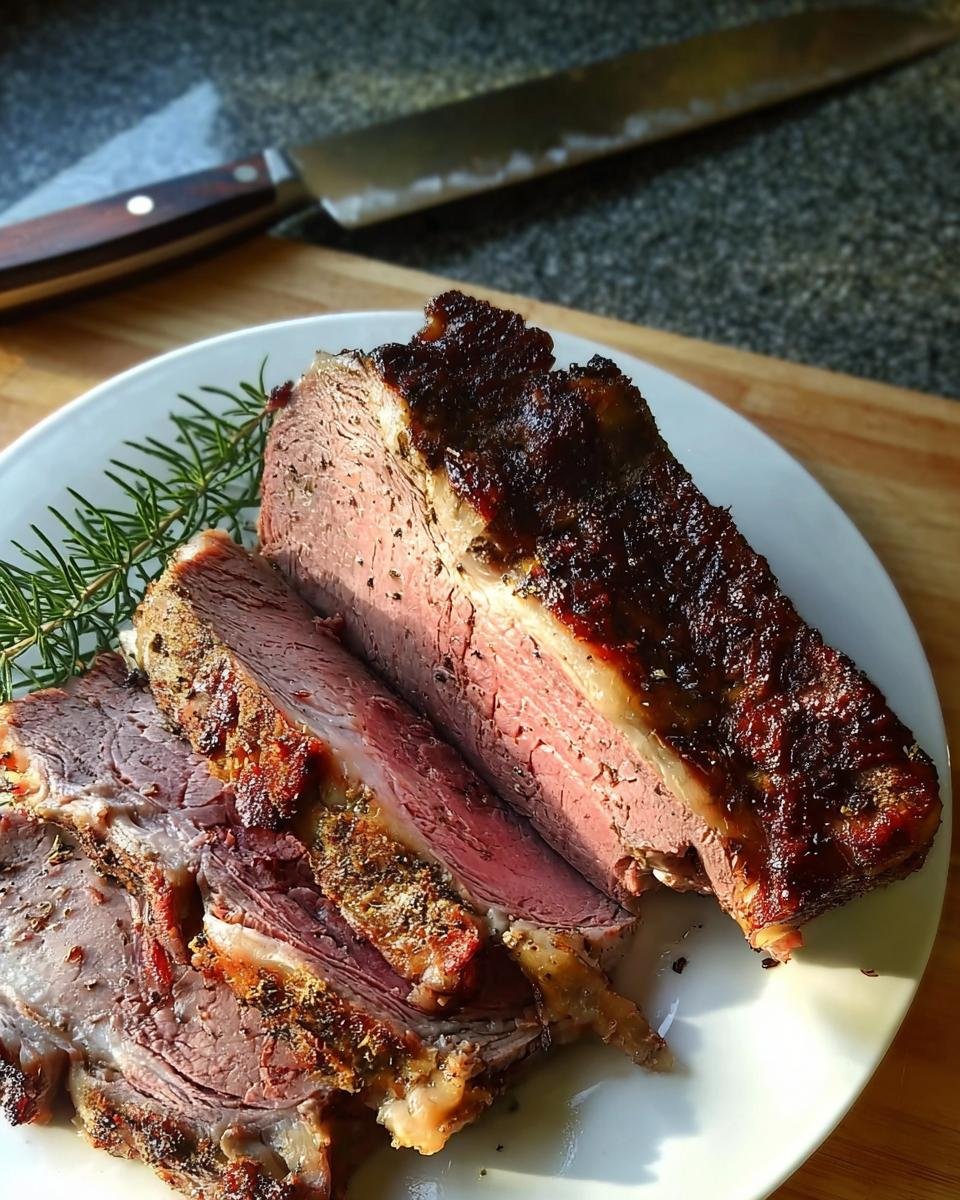 Slices of medium-rare leftover prime rib roast with a dark, seasoned crust served on a white plate with rosemary.