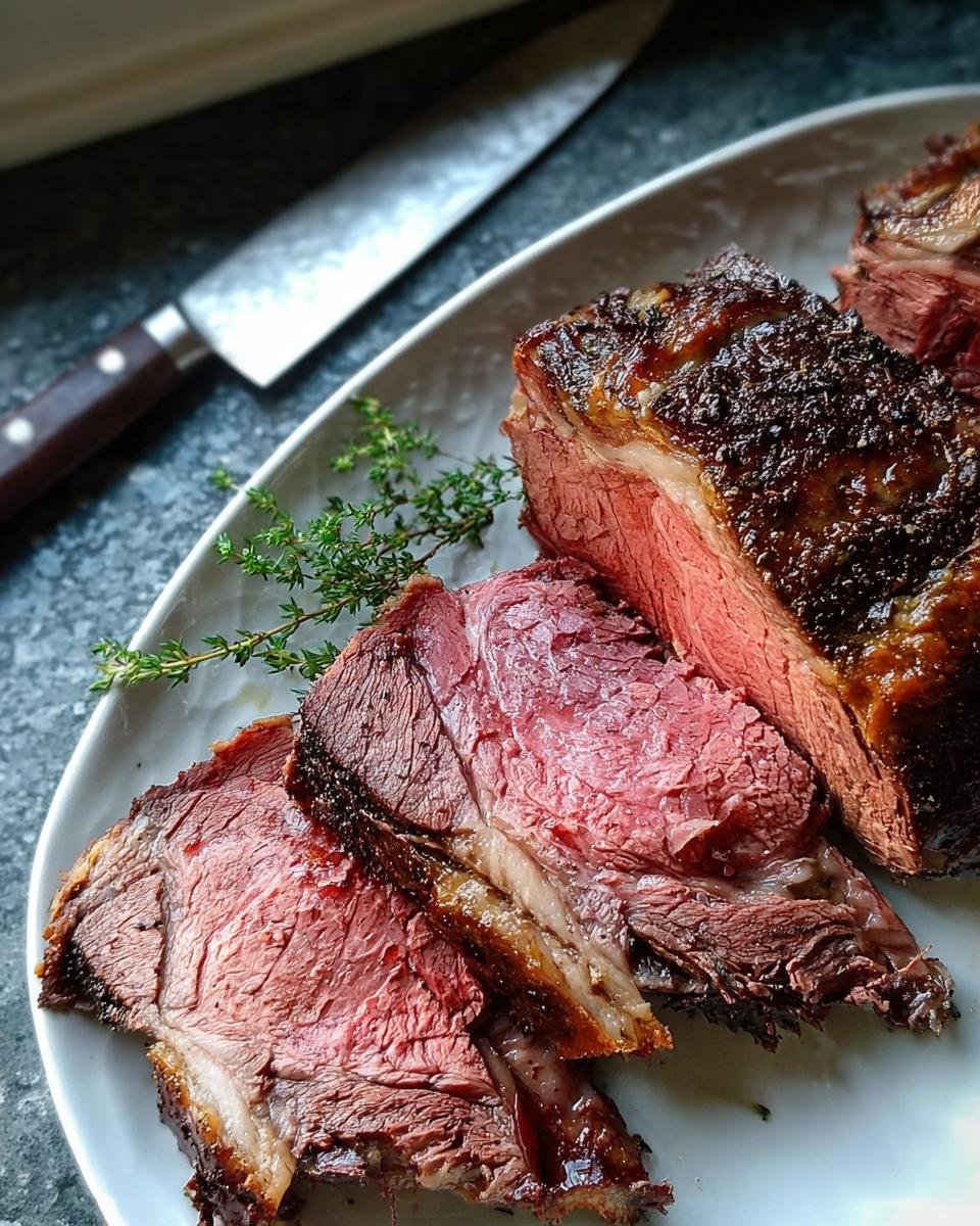 Slices of medium-rare leftover prime rib with a dark crust, garnished with thyme on a white plate.