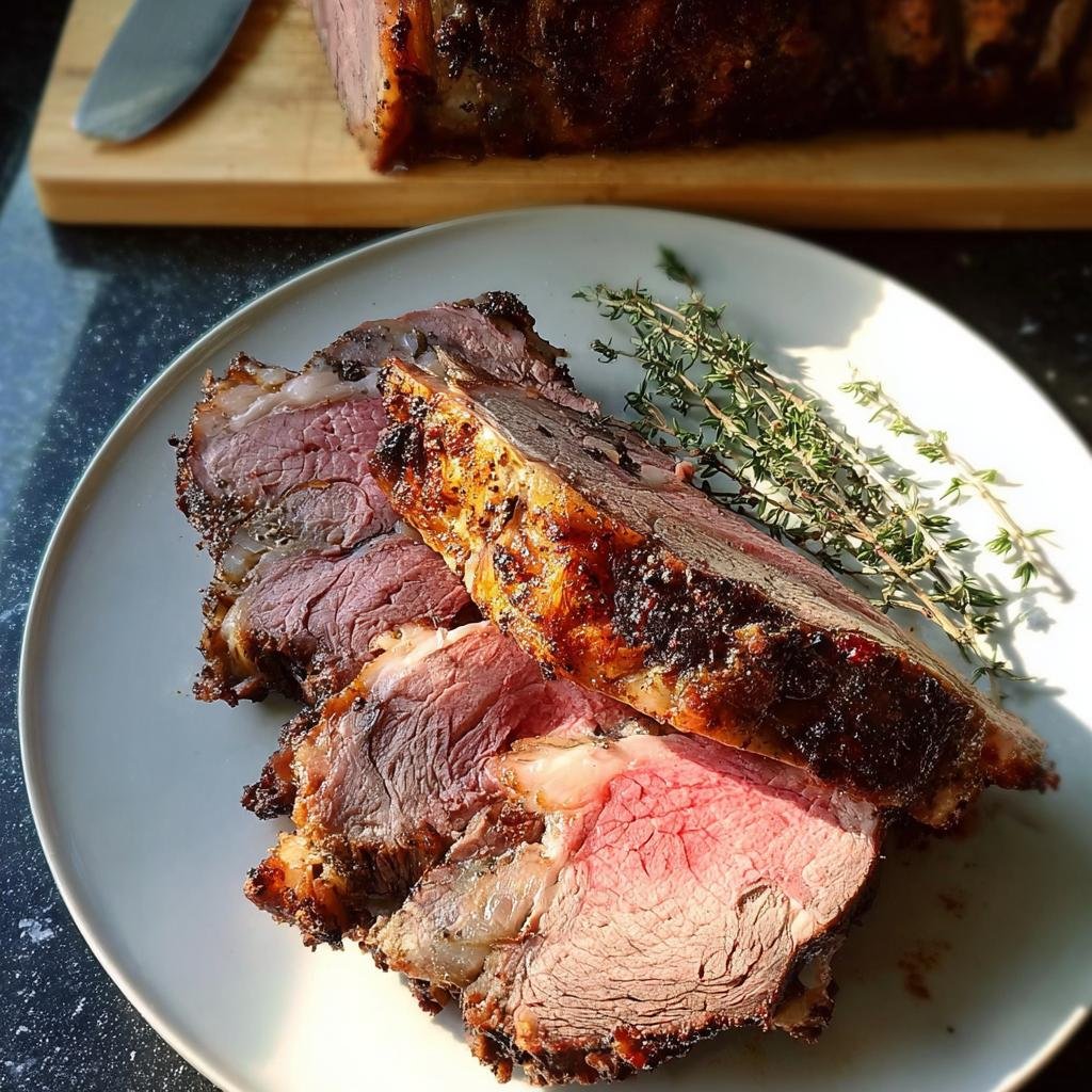 Three thick slices of medium-rare prime rib with a dark crust, garnished with fresh thyme sprigs.