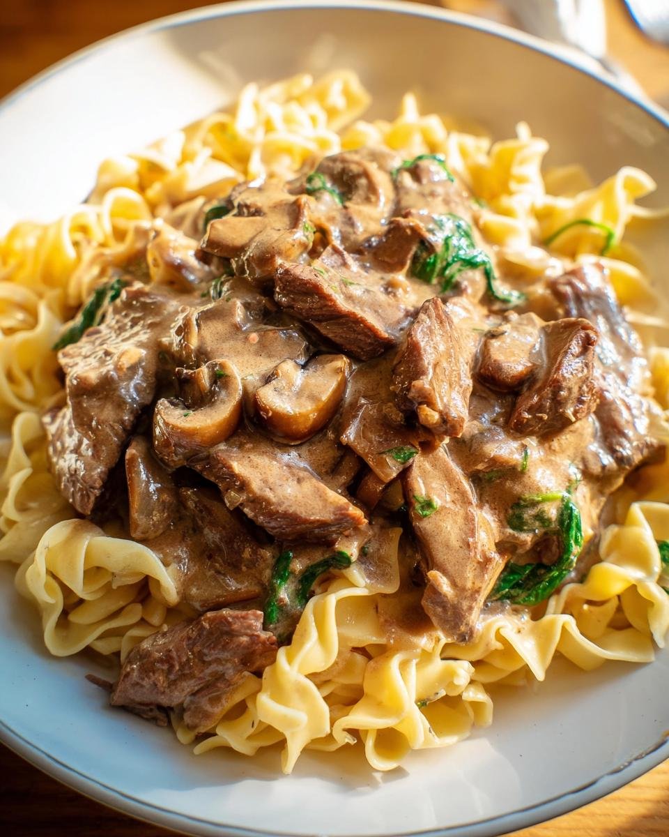 Creamy mushroom sauce with slices of leftover prime rib served over egg noodles, a great leftover prime rib recipe.