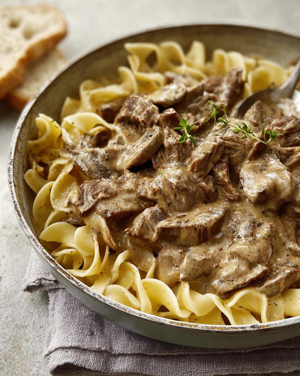 Delicious Leftover Prime Rib Recipe Ideas: Creamy stroganoff made with prime rib served over egg noodles.