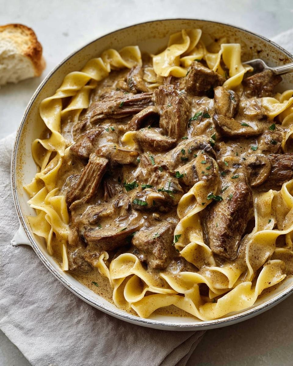 A bowl of creamy stroganoff made with leftover prime rib and mushrooms served over egg noodles.