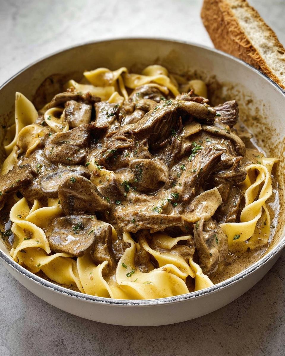 Delicious Leftover Prime Rib Recipe Ideas: Beef stroganoff made with shredded prime rib served over egg noodles.